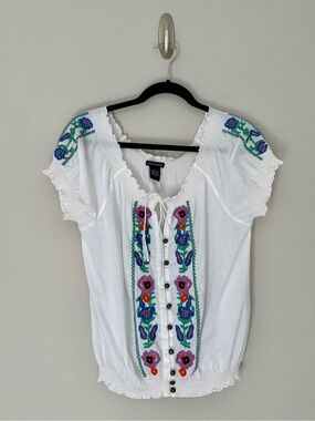Boston Proper White Embroidered Peasant Top Cotton Floral Blouse Boho Size 2